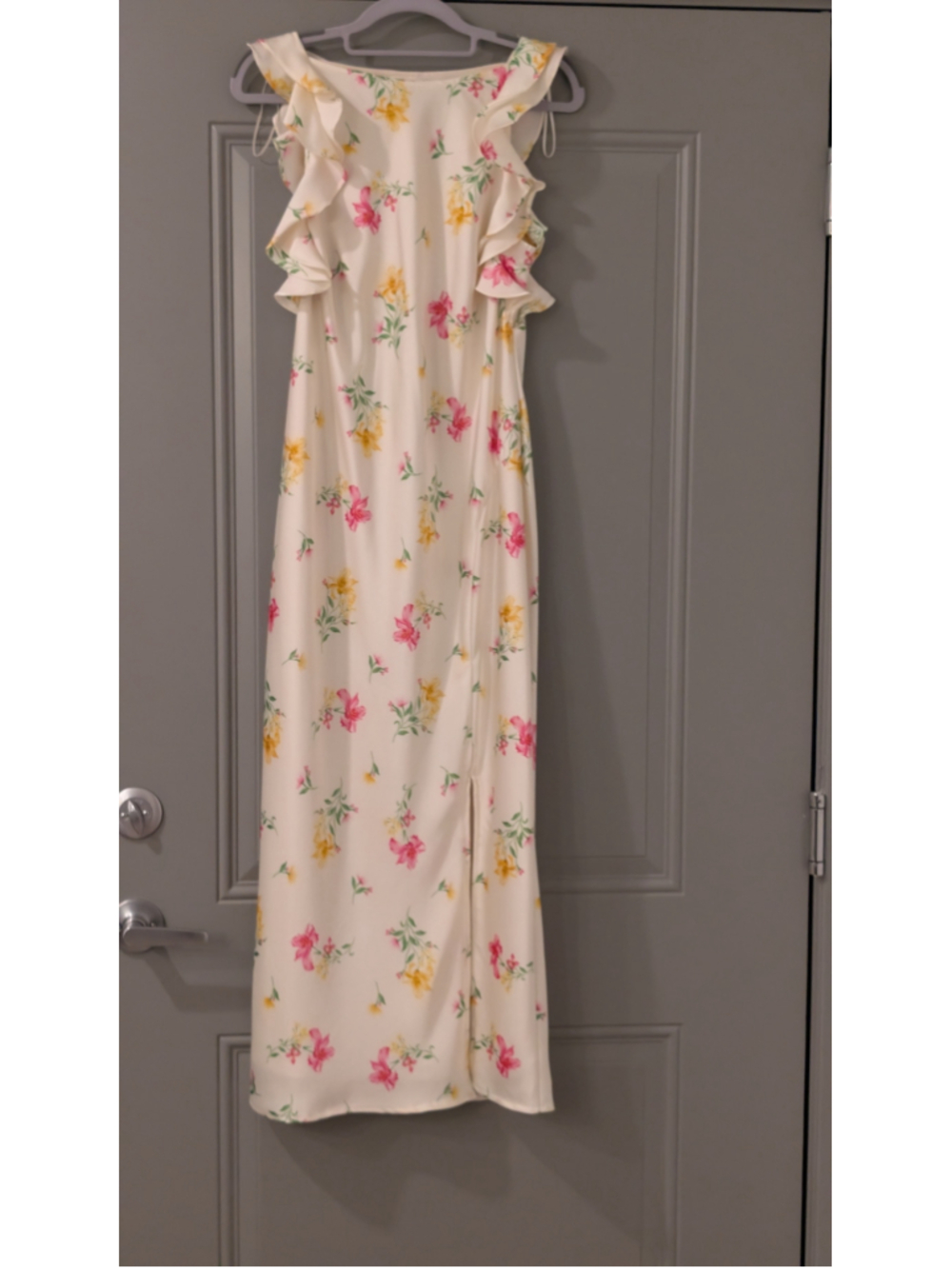 Women's A New Day Floral Maxi Dress Size S Beige Pink Ruffle Sleeves